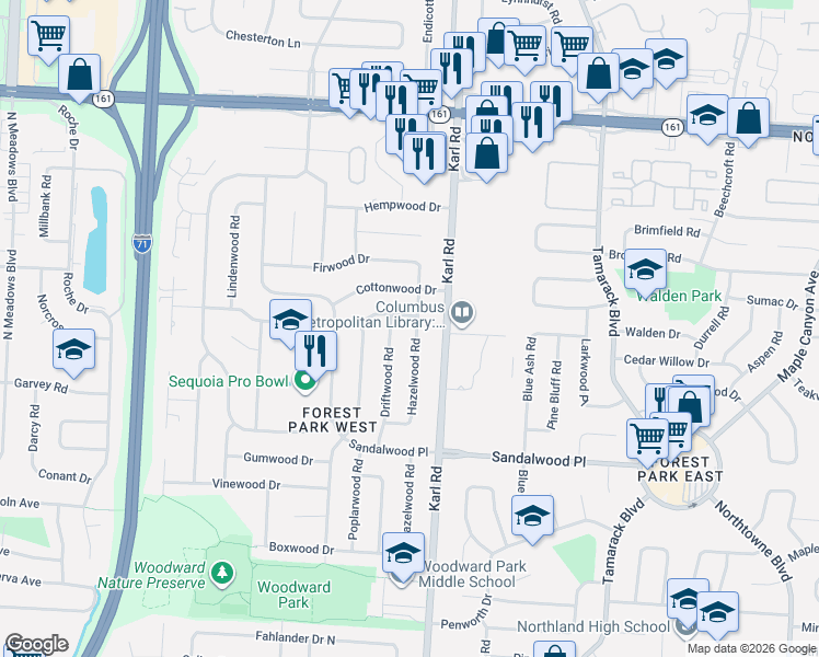 map of restaurants, bars, coffee shops, grocery stores, and more near 5525 Hazelwood Road in Columbus