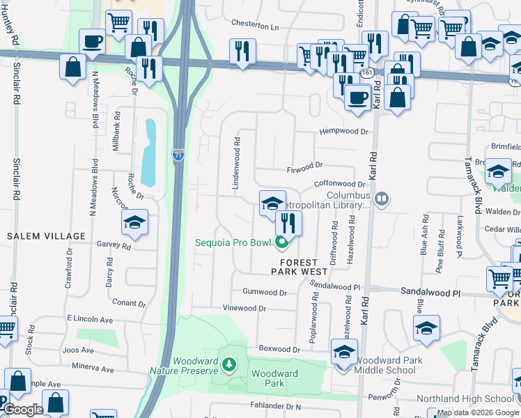 map of restaurants, bars, coffee shops, grocery stores, and more near 5568 Cherrywood Road in Columbus