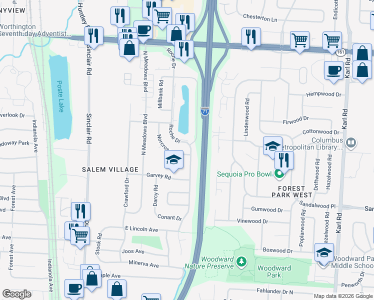 map of restaurants, bars, coffee shops, grocery stores, and more near 5557 Roche Drive in Columbus