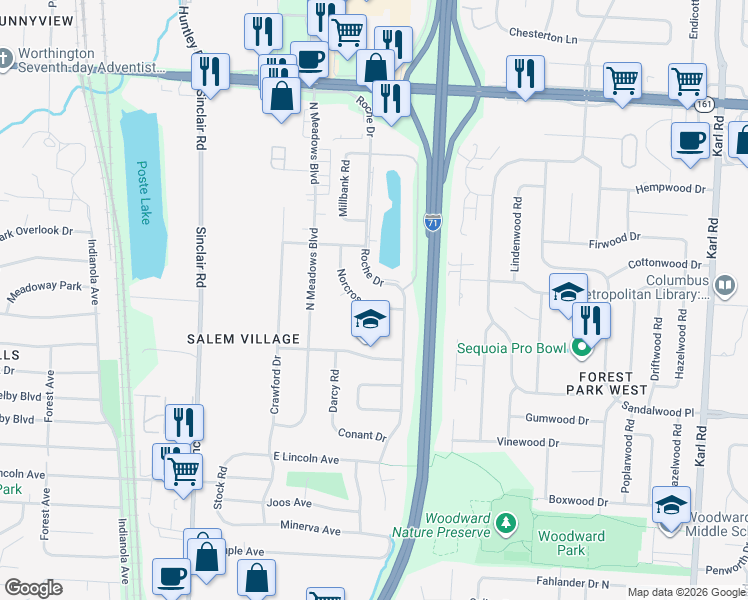 map of restaurants, bars, coffee shops, grocery stores, and more near 5583 Norcross Road in Columbus