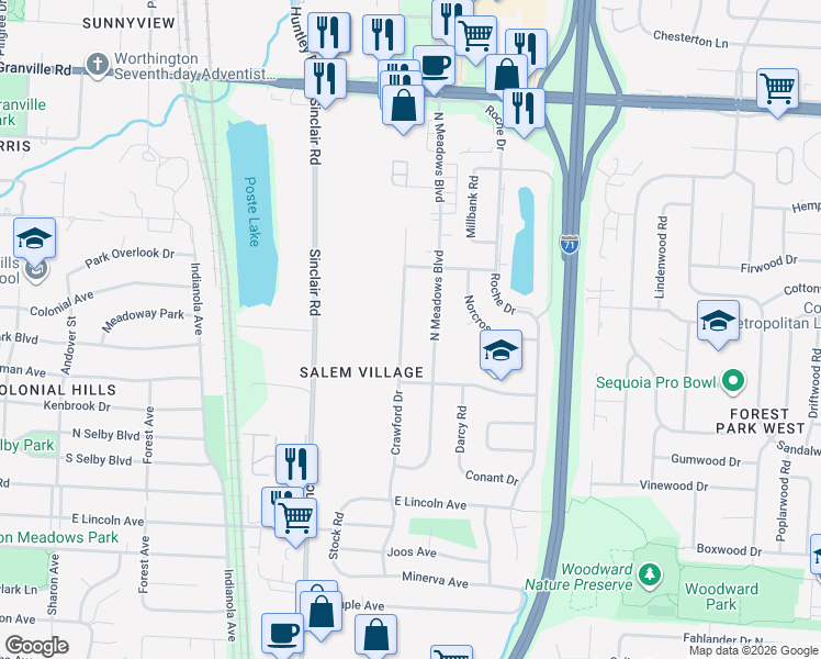 map of restaurants, bars, coffee shops, grocery stores, and more near 5575 North Meadows Boulevard in Columbus