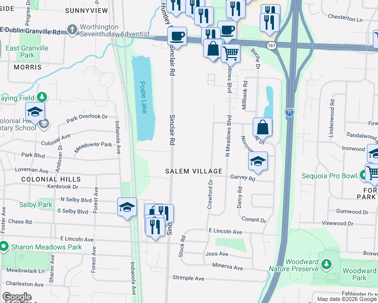 map of restaurants, bars, coffee shops, grocery stores, and more near 5630 Sinclair Road in Columbus
