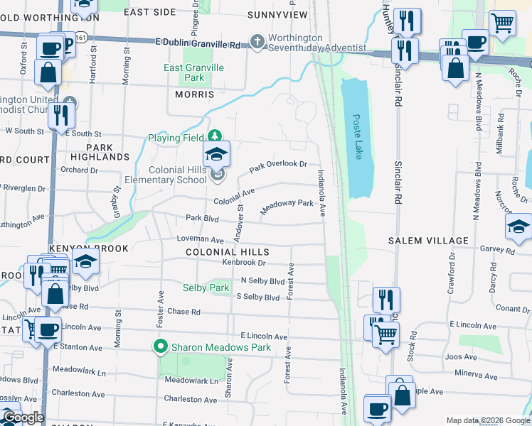 map of restaurants, bars, coffee shops, grocery stores, and more near 481 Park Boulevard in Worthington