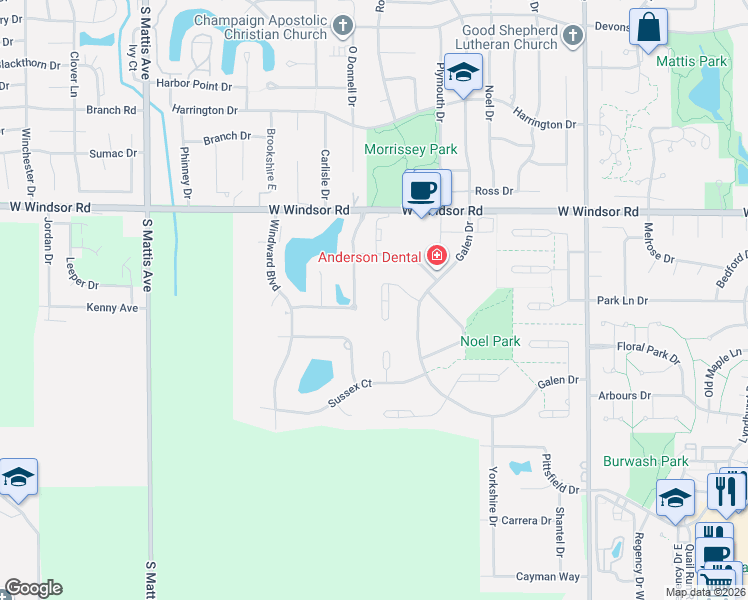 map of restaurants, bars, coffee shops, grocery stores, and more near 1269-1289 Dorchester Drive in Champaign