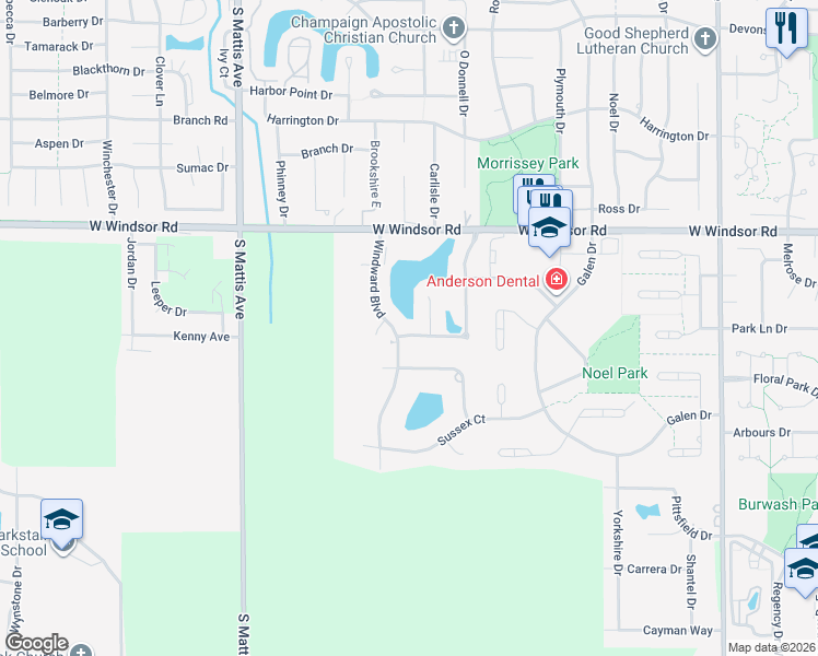 map of restaurants, bars, coffee shops, grocery stores, and more near 1501 Countryside Place in Champaign