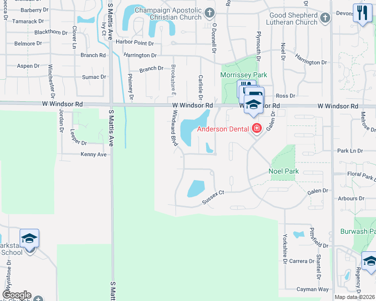 map of restaurants, bars, coffee shops, grocery stores, and more near 2601 Windward Boulevard in Champaign