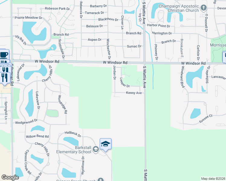 map of restaurants, bars, coffee shops, grocery stores, and more near 2601 Jordan Drive in Champaign
