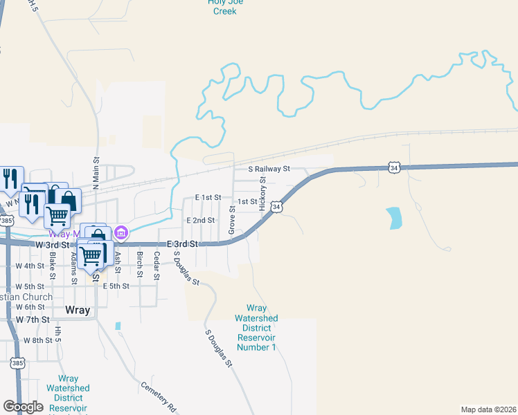 map of restaurants, bars, coffee shops, grocery stores, and more near 103 Hickory Street in Wray