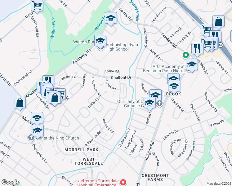 map of restaurants, bars, coffee shops, grocery stores, and more near 3583 Brookview Road in Philadelphia