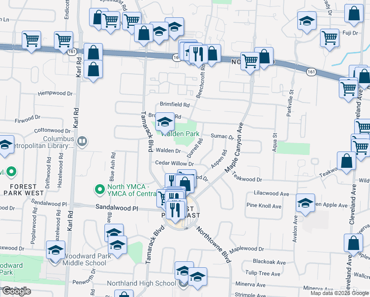 map of restaurants, bars, coffee shops, grocery stores, and more near 1908 Cedar Willow Drive in Columbus