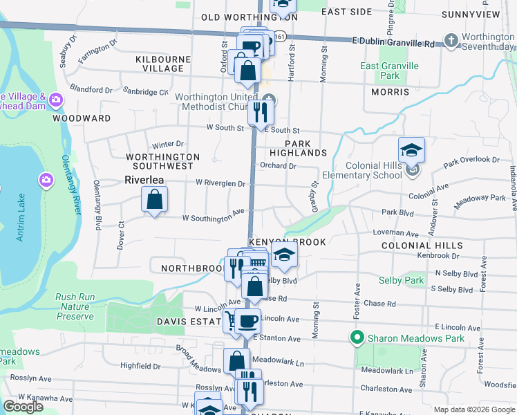 map of restaurants, bars, coffee shops, grocery stores, and more near 5737 Bromley Avenue in Worthington
