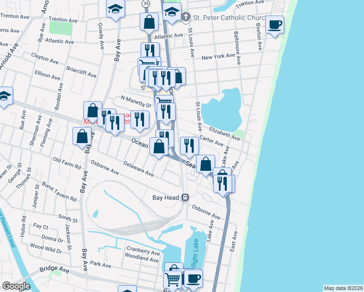 map of restaurants, bars, coffee shops, grocery stores, and more near 407 New Jersey 35 in Point Pleasant Beach