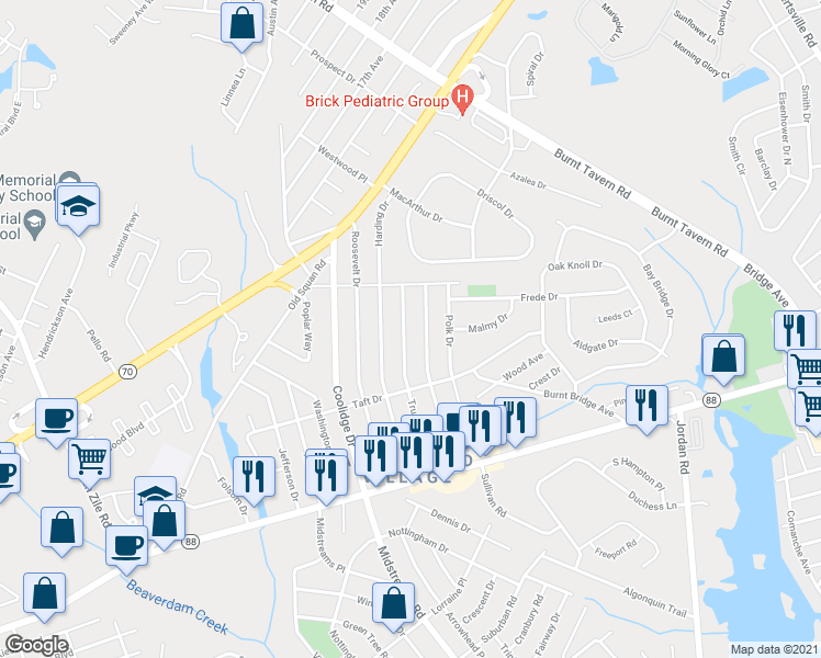 map of restaurants, bars, coffee shops, grocery stores, and more near 110 Hoover Drive in Brick Township