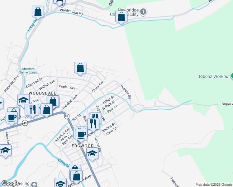 map of restaurants, bars, coffee shops, grocery stores, and more near 155 North Park Street in Wheeling