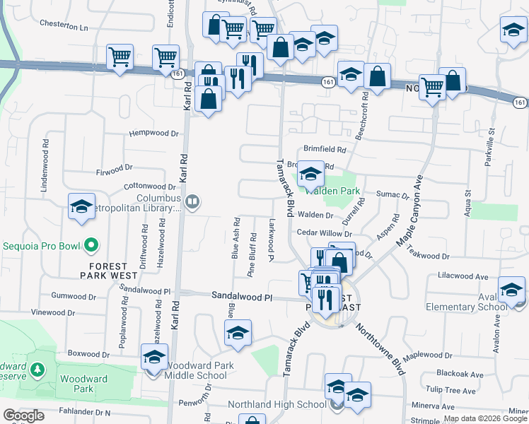 map of restaurants, bars, coffee shops, grocery stores, and more near 5500 Pine Bluff Road in Columbus