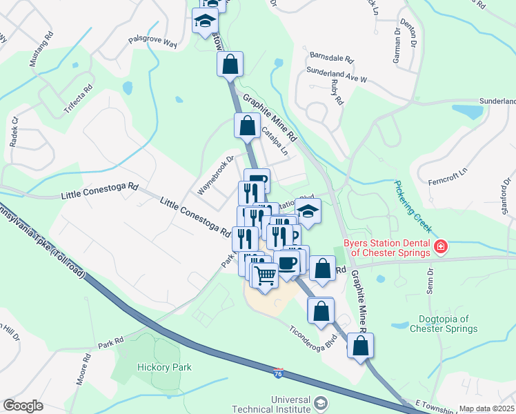 map of restaurants, bars, coffee shops, grocery stores, and more near 164 Park Road in Downingtown