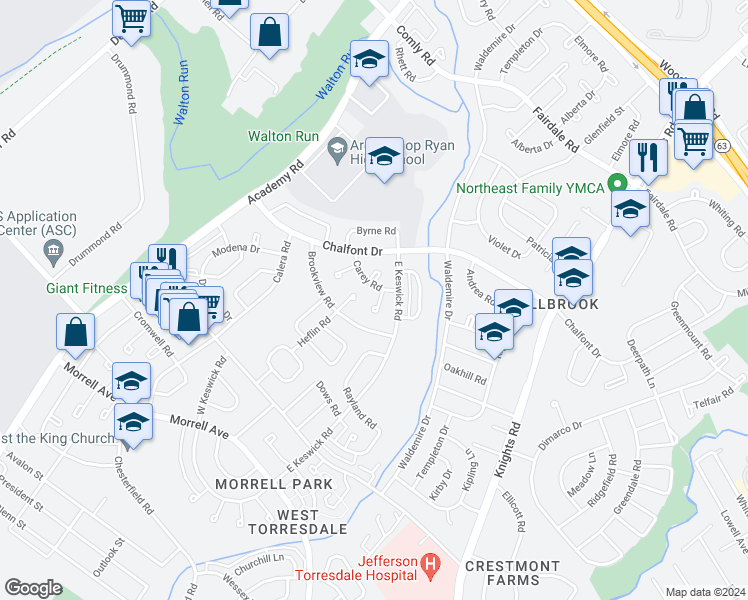 map of restaurants, bars, coffee shops, grocery stores, and more near 10918 Carey Place in Philadelphia