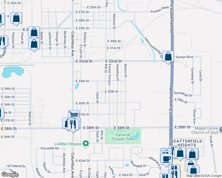 map of restaurants, bars, coffee shops, grocery stores, and more near 3507 Forest Terrace in Anderson