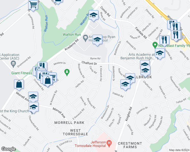 map of restaurants, bars, coffee shops, grocery stores, and more near 10918 Carey Place in Philadelphia