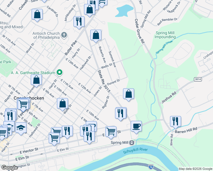 map of restaurants, bars, coffee shops, grocery stores, and more near 428 State Route 3015 in Conshohocken