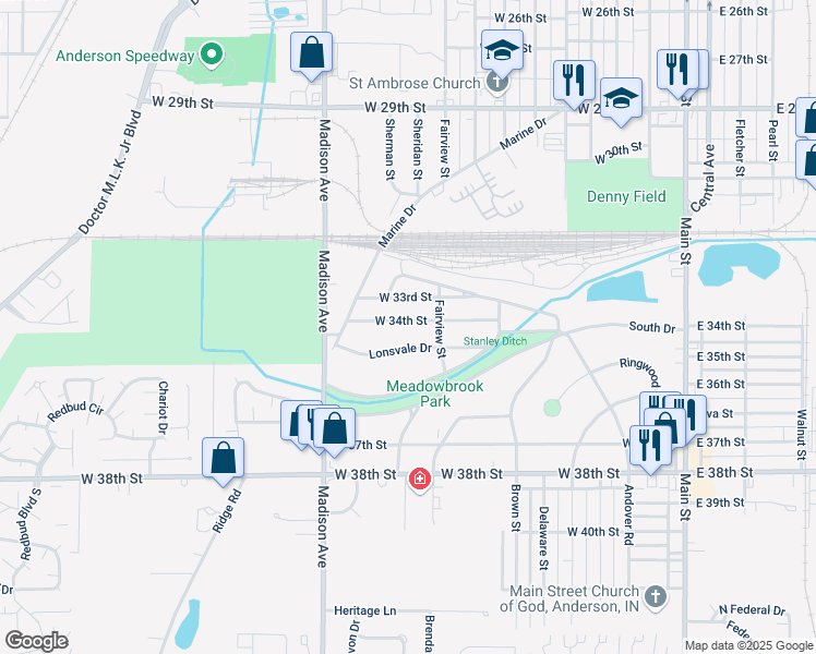 map of restaurants, bars, coffee shops, grocery stores, and more near 513 West 34th Street in Anderson
