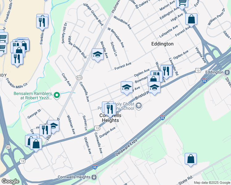 map of restaurants, bars, coffee shops, grocery stores, and more near 2359 Bowman Avenue in Bensalem