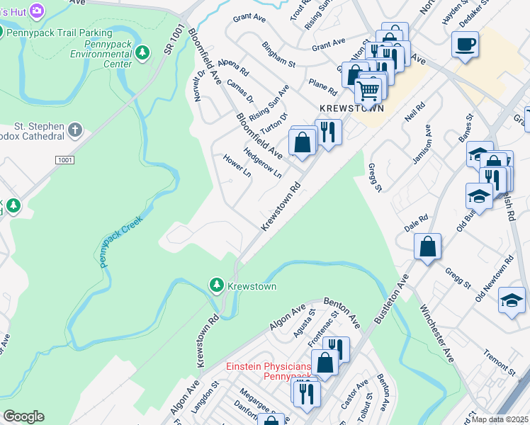 map of restaurants, bars, coffee shops, grocery stores, and more near 8730 Krewstown Road in Philadelphia
