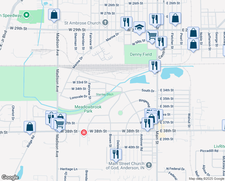 map of restaurants, bars, coffee shops, grocery stores, and more near 301 Meadowbrook Parkway South Drive in Anderson