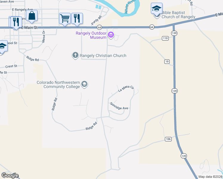 map of restaurants, bars, coffee shops, grocery stores, and more near 1473 La Mesa Circle in Rangely