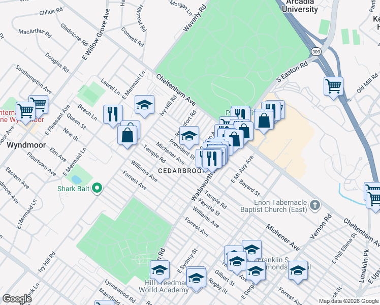 map of restaurants, bars, coffee shops, grocery stores, and more near 8500 Pickering Avenue in Philadelphia