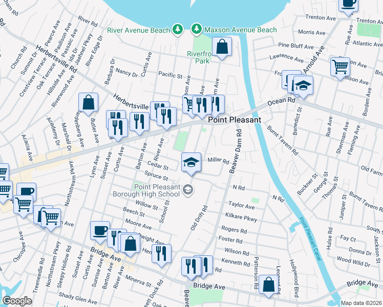 map of restaurants, bars, coffee shops, grocery stores, and more near 802 Laura Herbert Drive in Point Pleasant
