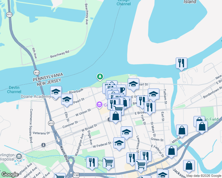 map of restaurants, bars, coffee shops, grocery stores, and more near 231 High Street in Burlington