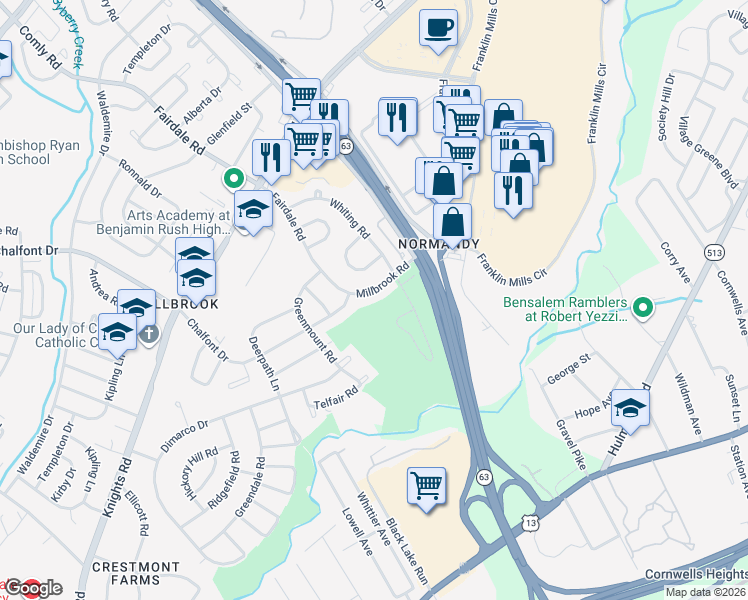 map of restaurants, bars, coffee shops, grocery stores, and more near 4430 Ernie Davis Circle in Philadelphia