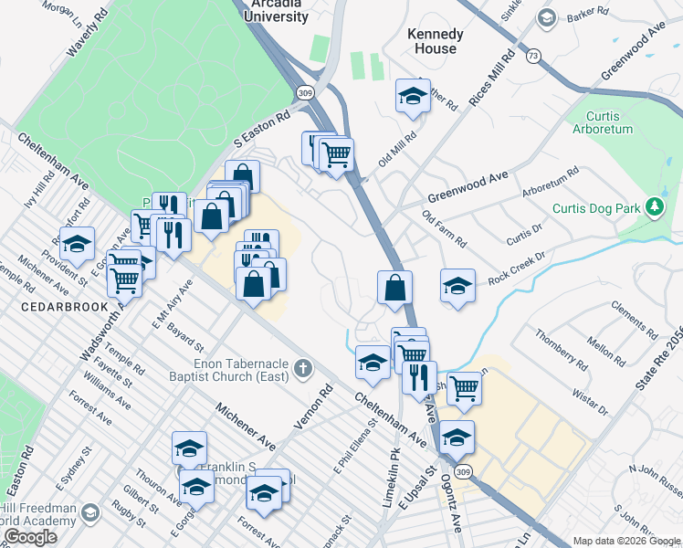 map of restaurants, bars, coffee shops, grocery stores, and more near 234 MacDonald Avenue in Wyncote