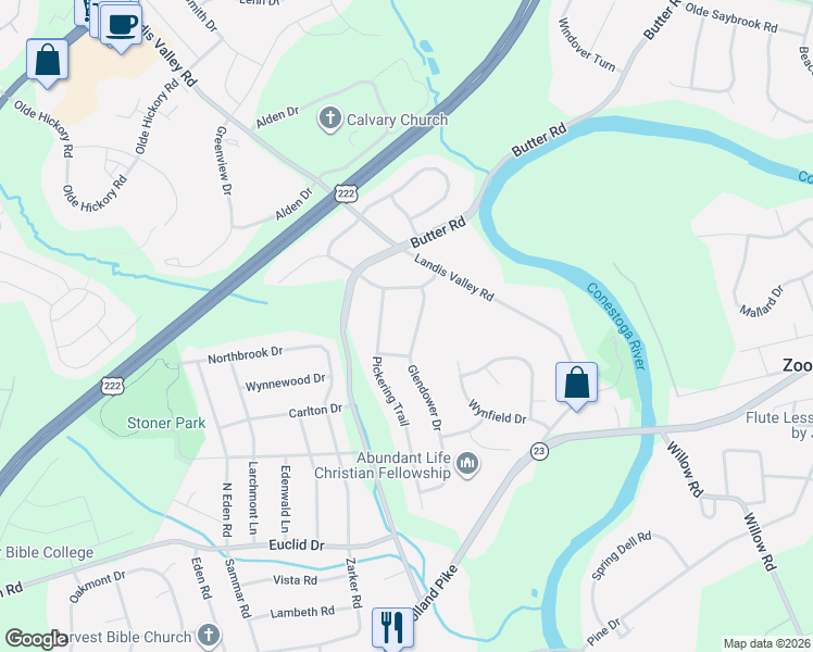 map of restaurants, bars, coffee shops, grocery stores, and more near 1976 Glendower Drive in Lancaster