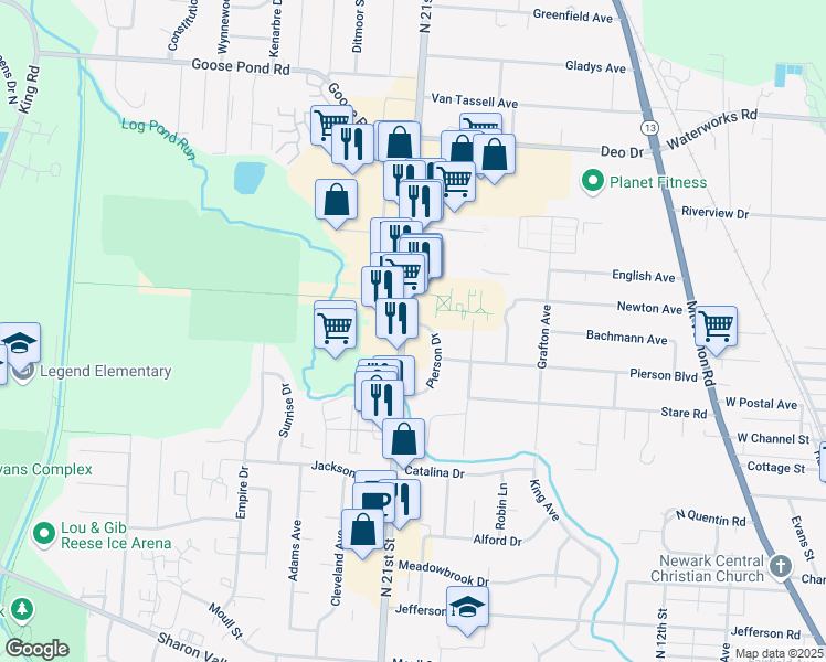 map of restaurants, bars, coffee shops, grocery stores, and more near 1176 North 21st Street in Newark