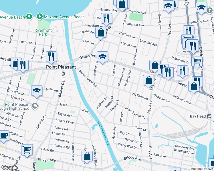 map of restaurants, bars, coffee shops, grocery stores, and more near 1232 William Street in Point Pleasant