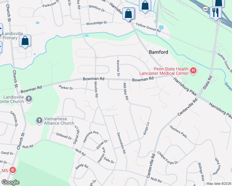 map of restaurants, bars, coffee shops, grocery stores, and more near 3019 Westwood Drive in Lancaster