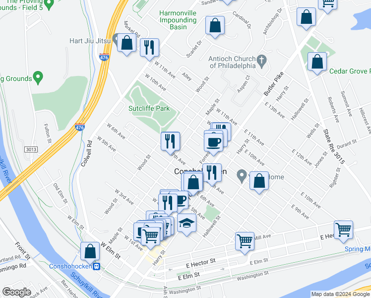 map of restaurants, bars, coffee shops, grocery stores, and more near 145 West 8th Avenue in Conshohocken