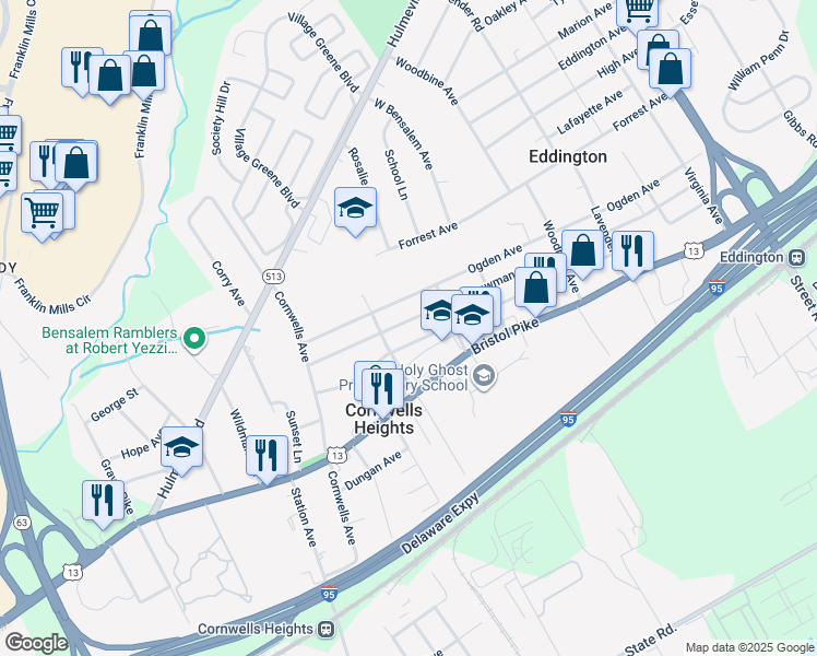 map of restaurants, bars, coffee shops, grocery stores, and more near 2349 Bowman Avenue in Cornwells Heights
