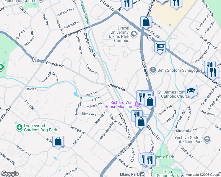 map of restaurants, bars, coffee shops, grocery stores, and more near 811 Chelten Hills Drive in Elkins Park