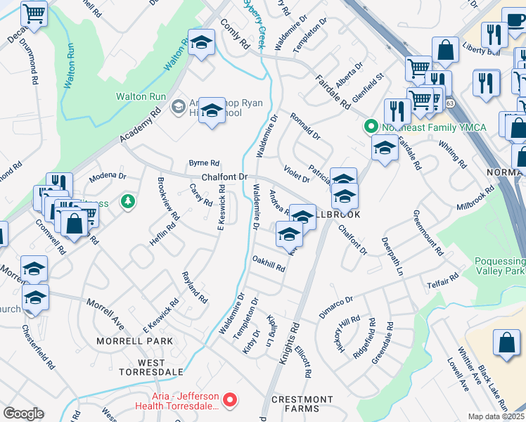map of restaurants, bars, coffee shops, grocery stores, and more near 11071 Waldemire Drive in Philadelphia