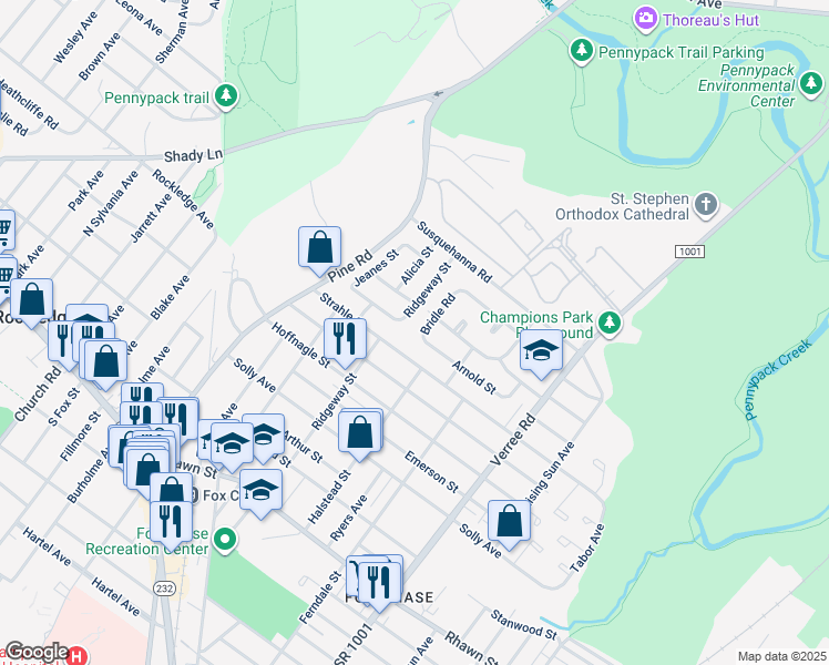 map of restaurants, bars, coffee shops, grocery stores, and more near 8414 Bridle Road in Philadelphia
