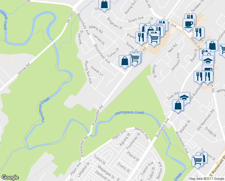 map of restaurants, bars, coffee shops, grocery stores, and more near 8732 Krewstown Road in Philadelphia