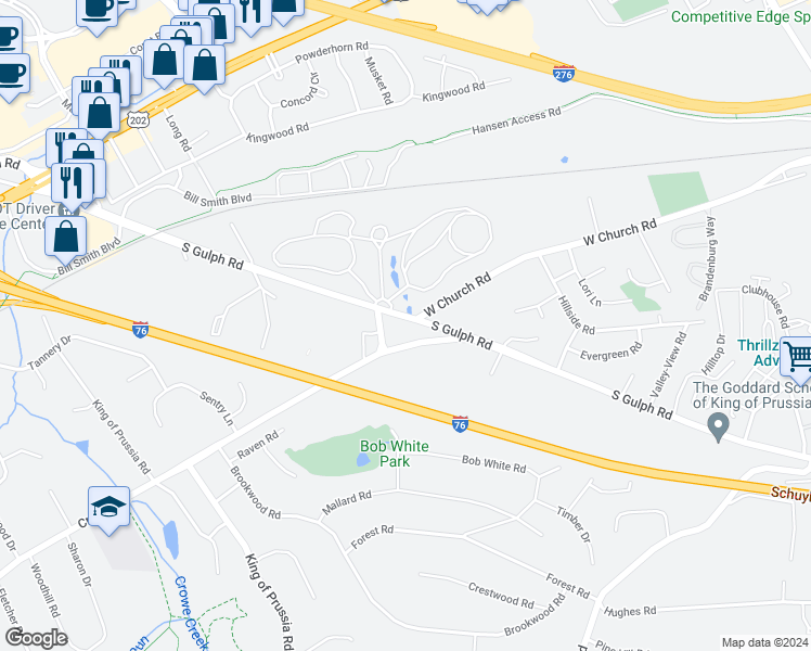 map of restaurants, bars, coffee shops, grocery stores, and more near 281 South Gulph Road in King of Prussia