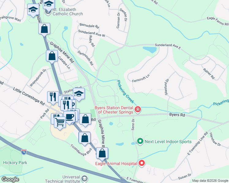 map of restaurants, bars, coffee shops, grocery stores, and more near 239 Flagstone Road in Chester Springs