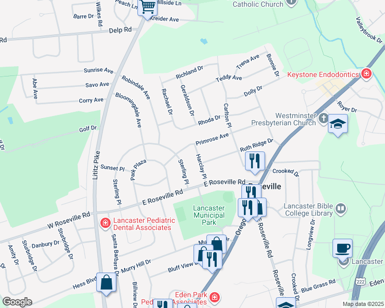map of restaurants, bars, coffee shops, grocery stores, and more near 1938 Harclay Place in Lancaster