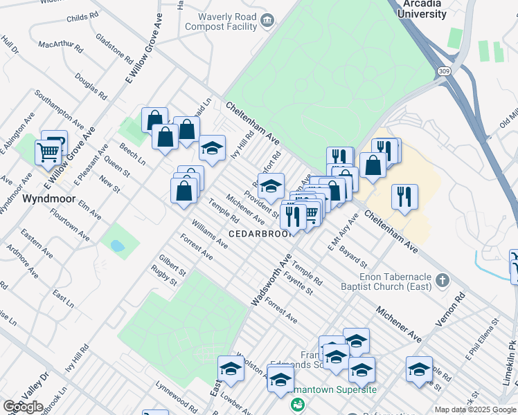 map of restaurants, bars, coffee shops, grocery stores, and more near 8536 Provident Street in Philadelphia