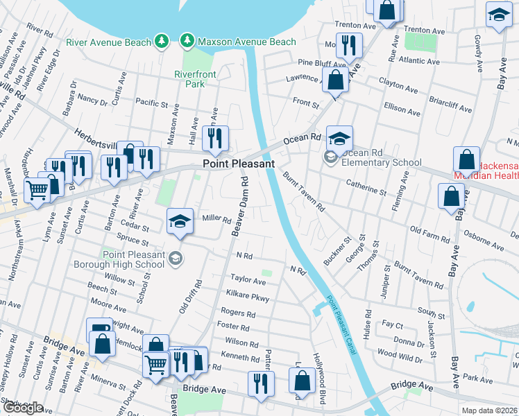 map of restaurants, bars, coffee shops, grocery stores, and more near 725 Waterside Court in Point Pleasant