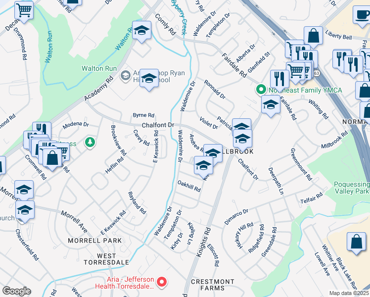 map of restaurants, bars, coffee shops, grocery stores, and more near 11071 Waldemire Drive in Philadelphia